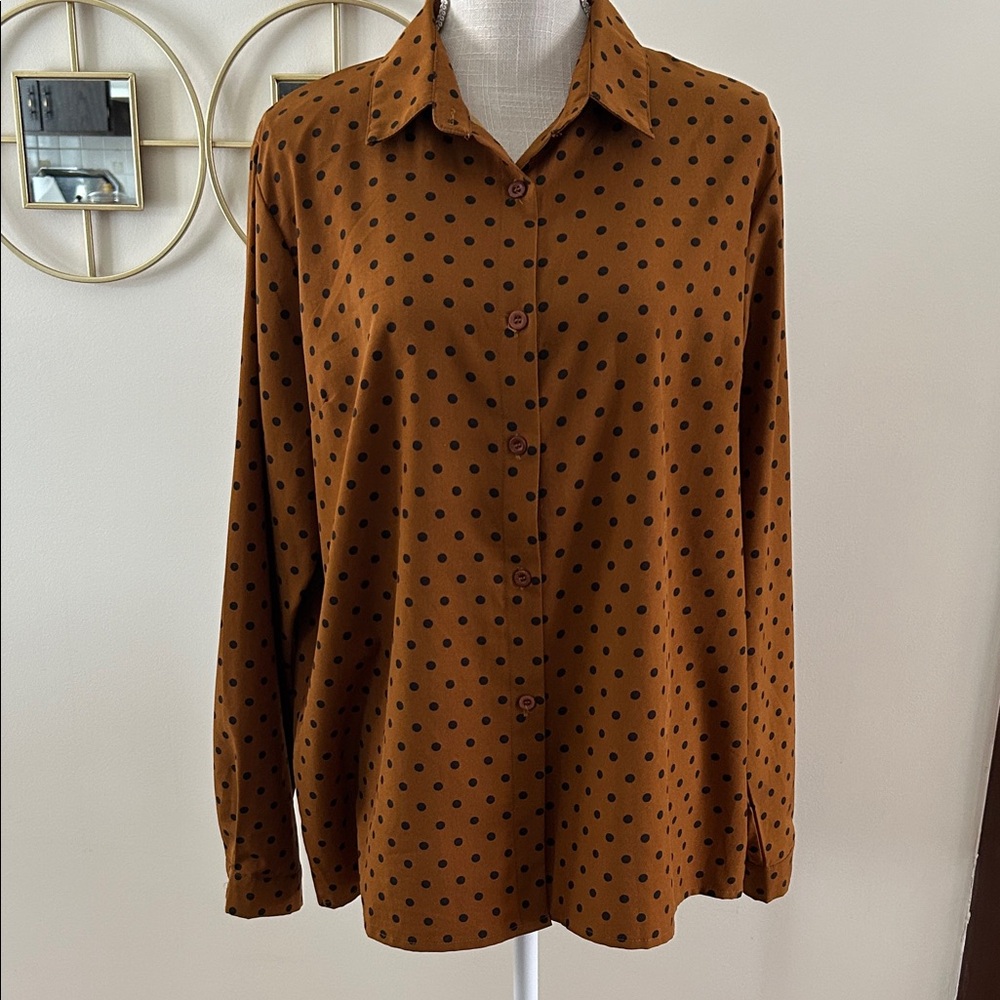Meaneor woman’s Brown (pumpkin) Polka Dot long sleeve button down Shirt size XL